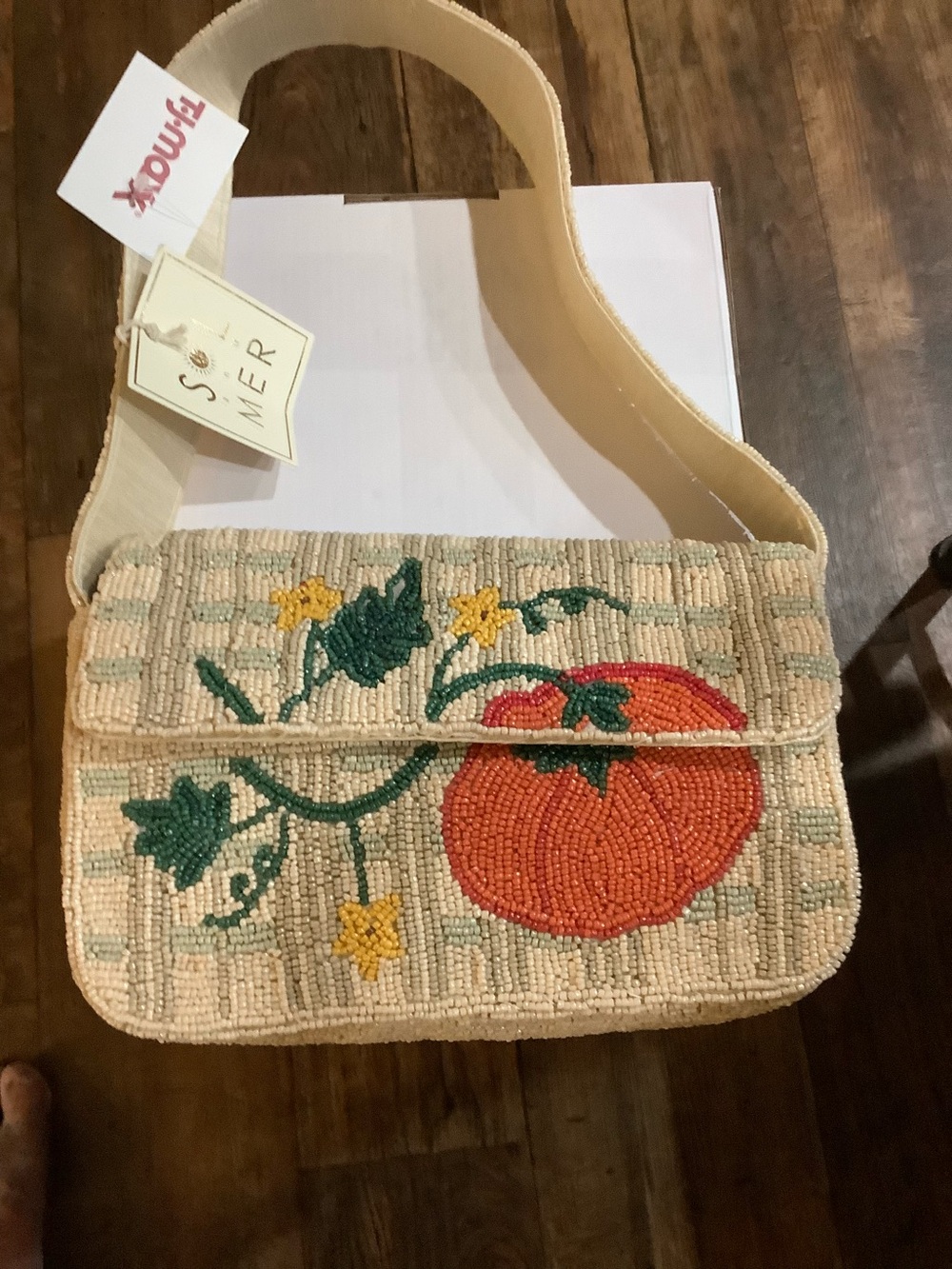 Beaded Pumpkin Motif Crossbody Bag in Cream